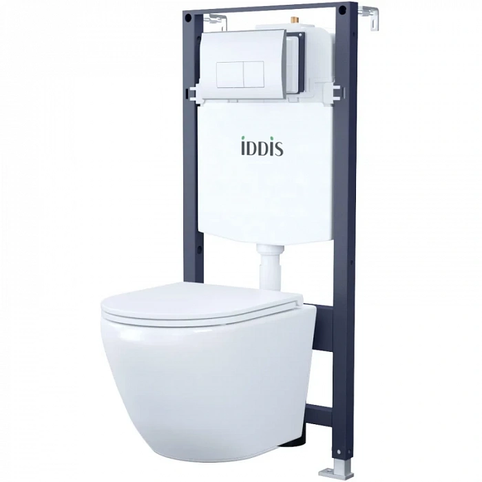 Комплект инсталляция с унитазом IDDIS Profix BASB010i73 с кнопкой смыва, хром + унитаз подвесной IDDIS Blanco безободковый, с сиденьем микролифт, белый