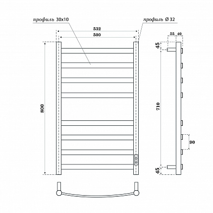 Полотенцесушитель электрический Point Антея П8 500x800, диммер справа, белый