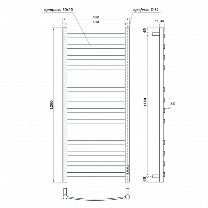 Полотенцесушитель электрический Point Антея П12 500x1200, диммер справа, черный