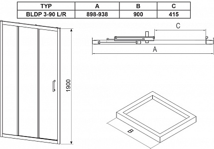 Дверь в нишу Ravak Blix BLDP3-90 блестящий + транспарент